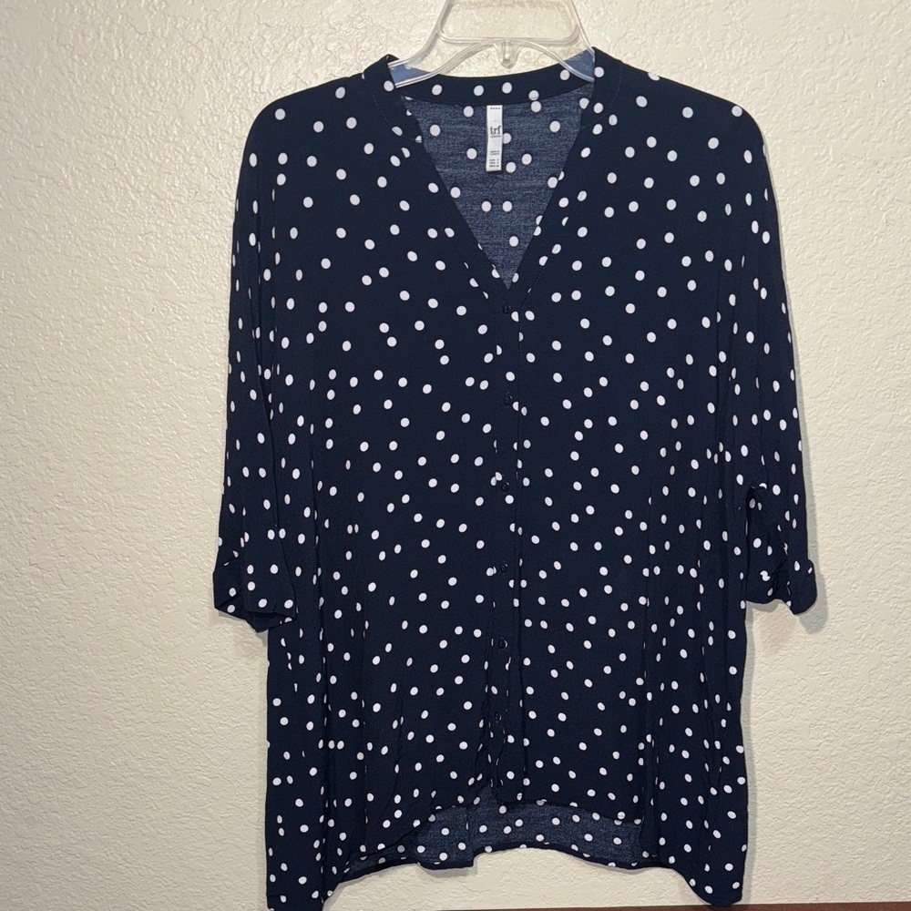 Zara Polka Dot Blouse Women S Navy White V Neck 3/4 Sleeve Flowy Casual Preppy
